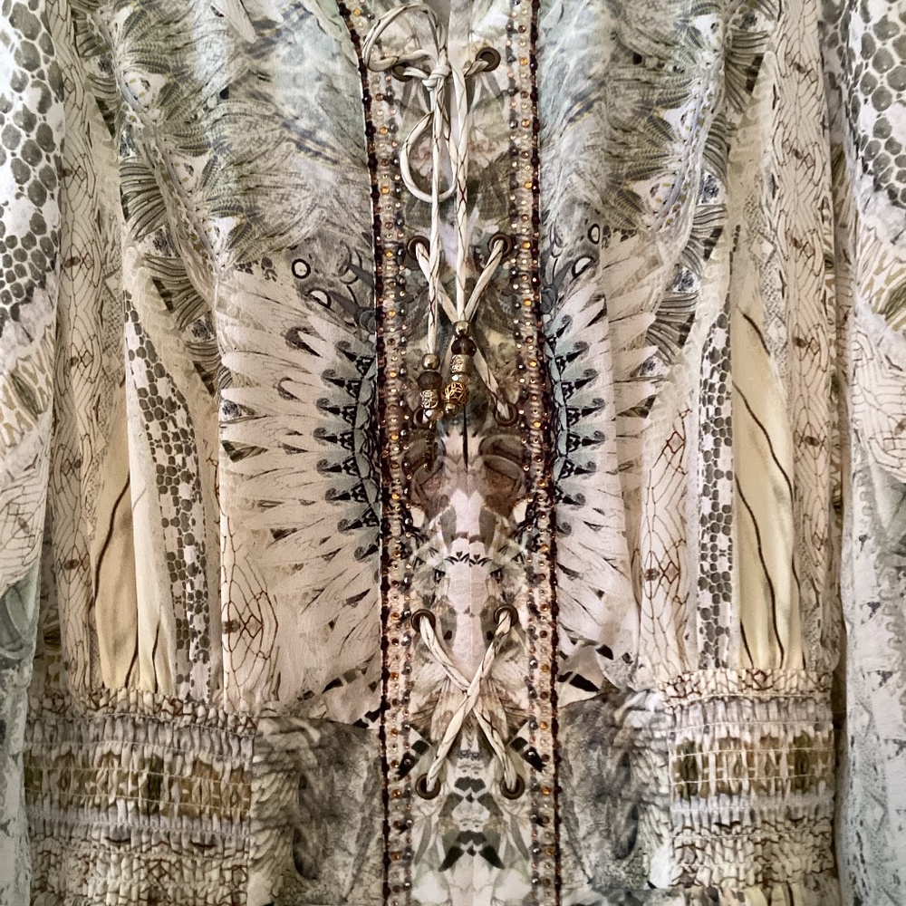 Camilla 100% Silk Daintree Dreaming Lace Up Shirred Waist Dress Blouson Sleeves - Picture 6 of 16